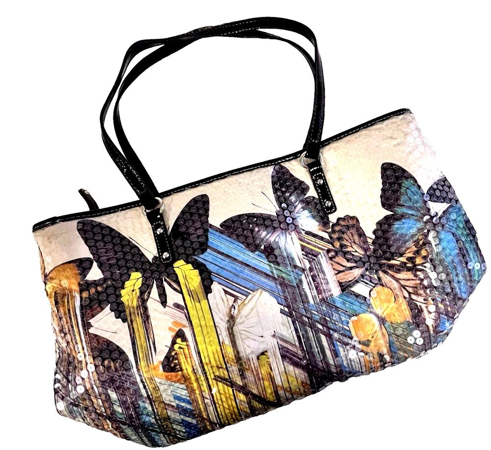 Striking 10x15 Nine West Butterfly Sequin Tote Bag Shoulder Purse Y2K Statement